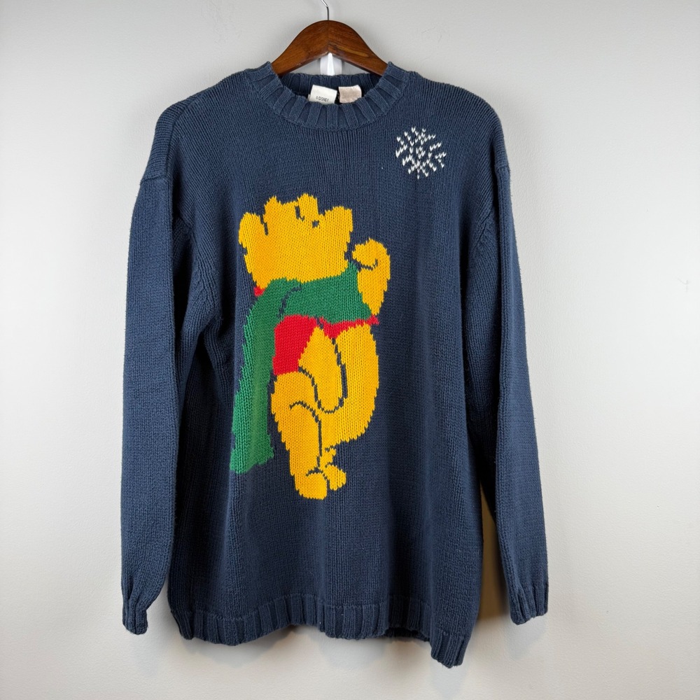 Vintage The Disney Store Winnie the Pooh Knit Sweater Women L Blue Novelty 90s